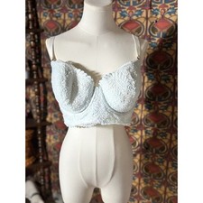 Lace Bralette Bustier Crop Top, Light Blue Floral, Adjustable Straps, Size 40DD