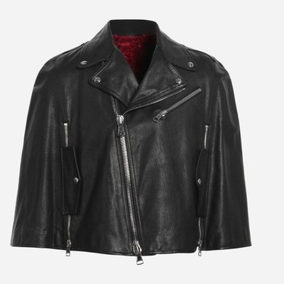 Women Lambskin Leather Cape Moto Jacket Black Oversized Zip Biker
