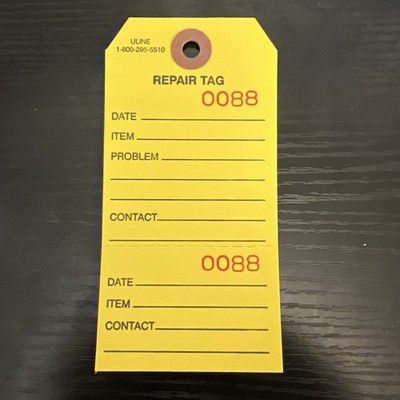 1000 ULINE 2-Part Repair Tags - Yellow,Consecutively Numbered S-7220Y