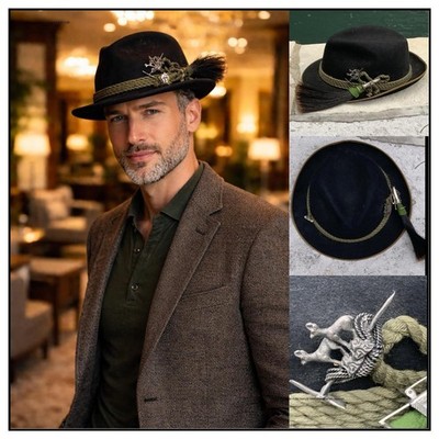 Wool Tyrolean Hat Alpine Hat Bavarian Hat w/ Gamsbart Brush & Alpine-themed Pins