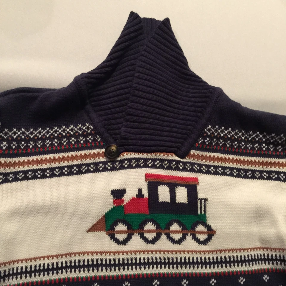 Gymboree Boys Sz 12 Christmas Holidays Navy and Cream Train Sweater 100% Cotton - Image 3 of 4