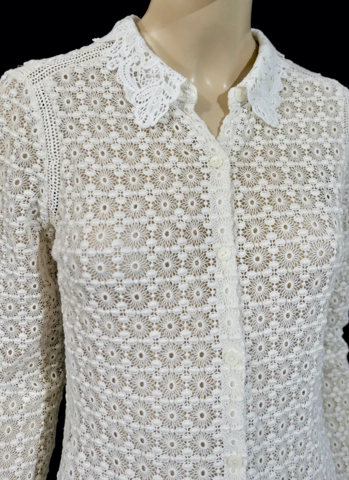 Rbecca Taylor Creamy White Crochet Lace Cotton Silk Top Shirt Blouse Sz 6 - Image 2 of 4