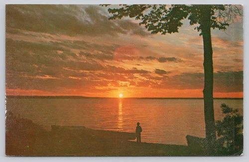 Lake Sunset Scene Man Silhouette Water Reflection Linen Postcard Unposted