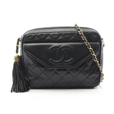 CHANEL Matelassé Chain Shoulder Bag Lambskin Black Gold Hardware Fringe #RC1786