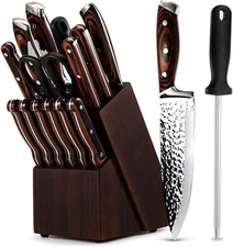 Knife Set, 15-Piece Kitchen Knife Set with Block Wooden German Stainless Steel