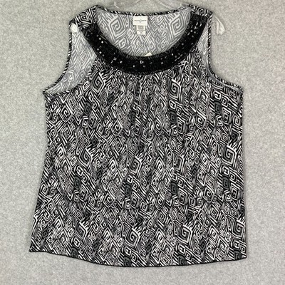 Jaclyn Smith Top Womens 2X Black Geometric Beaded Sleeveless Knit Blouse