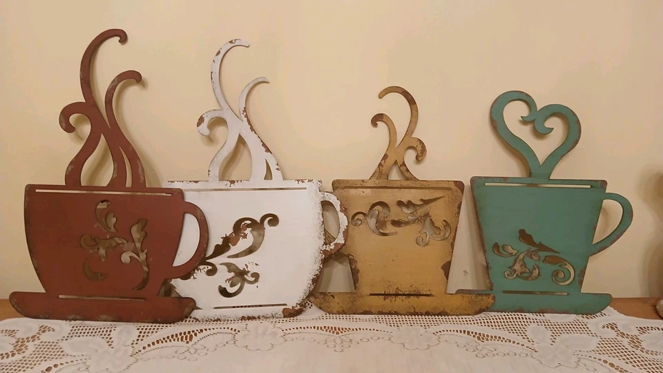 Set Of 4 Rustic Colorful Metal Coffee Cups Kitchen Wall Art Dining Room Cafe - Image 2 of 4