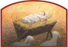 Infant Jesus in Bed of Straw Die Cut Religious Designer Greetings Christmas Card