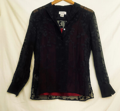 NWOT Size 4 Black Silk L/S CALVIN KLEIN Sheer Blouse With Wine Cami $125 Retail