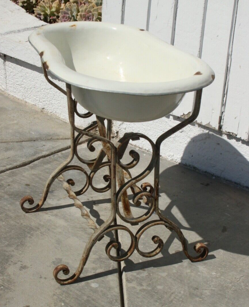 Victorian Porcelain Baby Bath Basin Bowl with Elaborate Stand, Floral