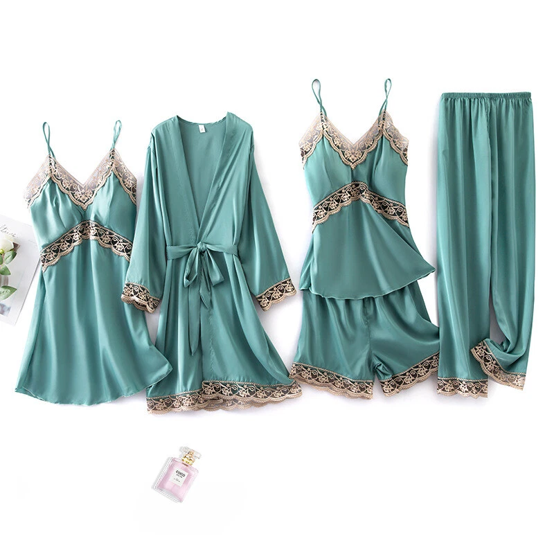 5 Pieces Set Women Lady Silk Satin Pajamas Pyjama Sleepwear