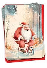 12 Christmas Greeting Cards Set 5"x7" w/ Envelopes(1 Design) Santa Days - Bike