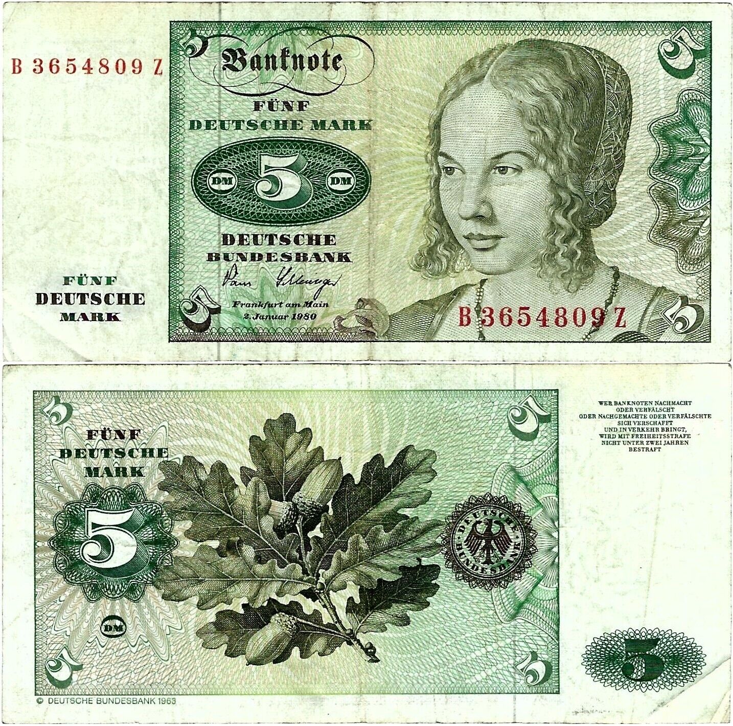 Banknot FRG 5 Deutsche Mark 1980 Series: B/Z FRG-29a Ro.285a P-30b(1) RARE