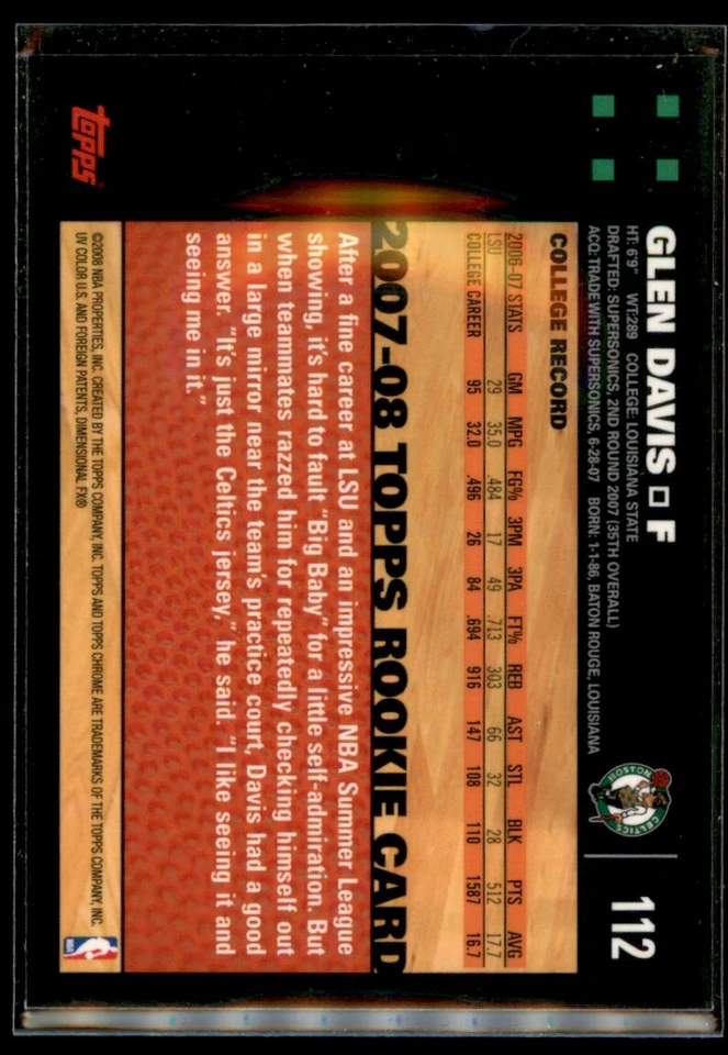 2007-08 Topps Chrome Glen Davis RC Boston Celtics #112 - Image 2 of 2