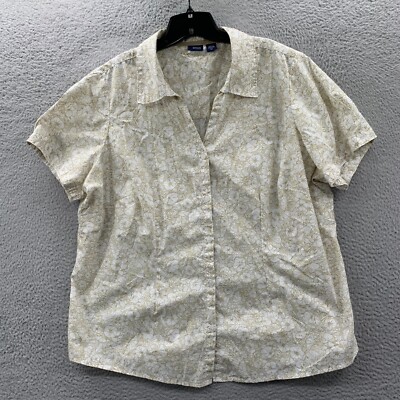 BASIC EDITIONS Shirt Womens 2X Button Up Blouse Top Floral Short Sleeve White