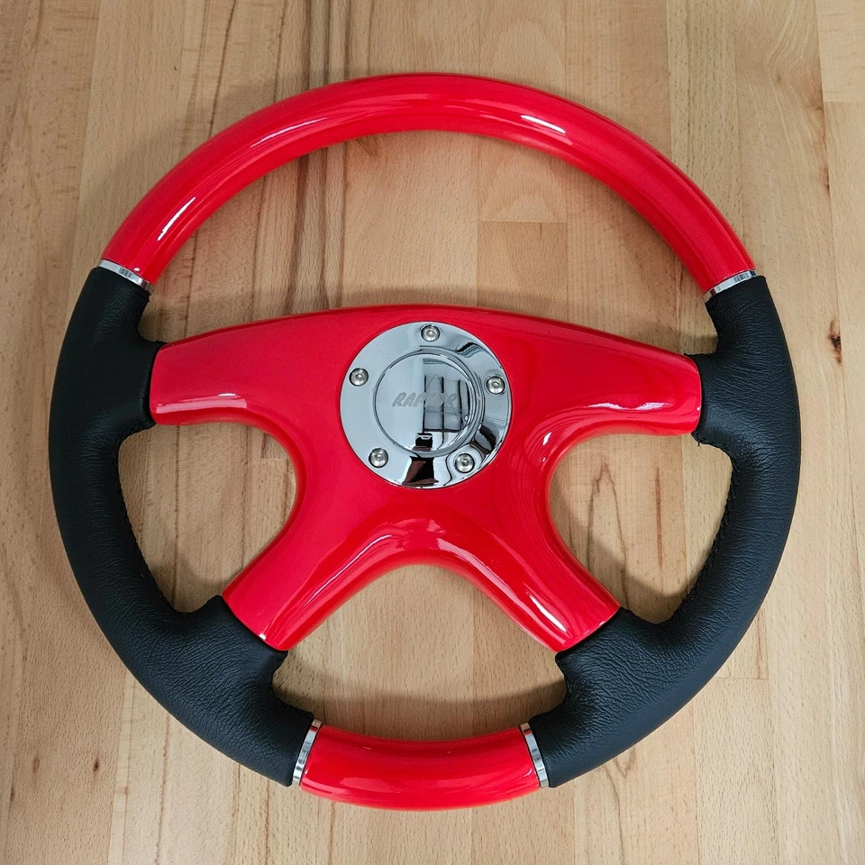 VOLANTE RAPTOR 15" CUERO NEGRO ROJO MADERA Foto 3 de 4