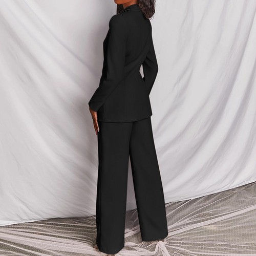Conjunto de trajes de mujer liso manga larga abrigo con botones cintura alta pantalones largos traje blazer - Imagen 11 de 39