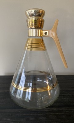 Pyrex Empress Glass Coffee Pot Carafe Gold Band Handle Cork Top Atomic Vtg MCM