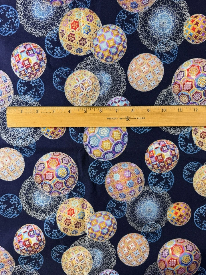 Robert Kauffman Fabric Christmas In Kyoto Silver Gold Red Balls On Blue 4 Yards - Image 3 of 4
