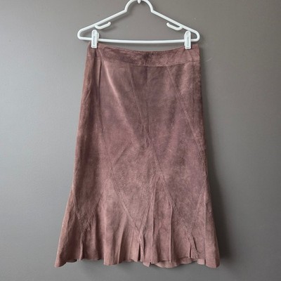 Vtg Context Brown Suede Leather Paneled Midi Skirt Size 4 Flared Hem Y2K Boho