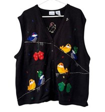 Bobbie Brooks Christmas Sweater Vest Women Size 26W/28W Embroidered Birds VTG