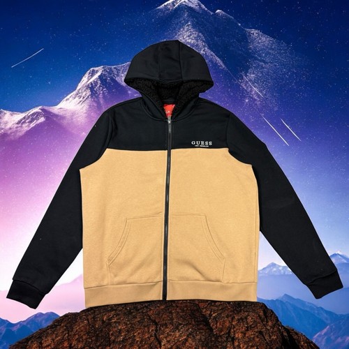 Guess Mens Size XL Full Zip Fleece Cream Black Sweatshirt Lined Hoodie - Picture 8 of 18