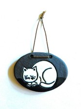 Wanddekoration: Katzenmotiv - Steingut lasiert - Kunsthandwerk - vintage