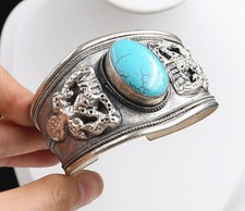 Unusual tibet silver turquoise men's cuff bracelet