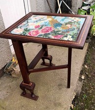Vintage Folding Wooden & Floral & Bird Embroidered Fire Screen/Table, Glass Top