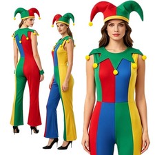 Women Jumpsuit With Hat Evil Clown Costume Halloween Romper Jester Costume