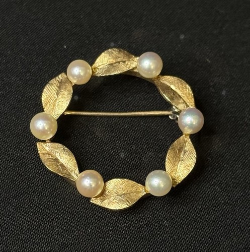 Vintage 14k Gold Round Leaf Brooch With Pearls 5.37grams