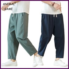 Men Cotton Linen Pants Casual Loose Straight Baggy Drawstring Lightweight