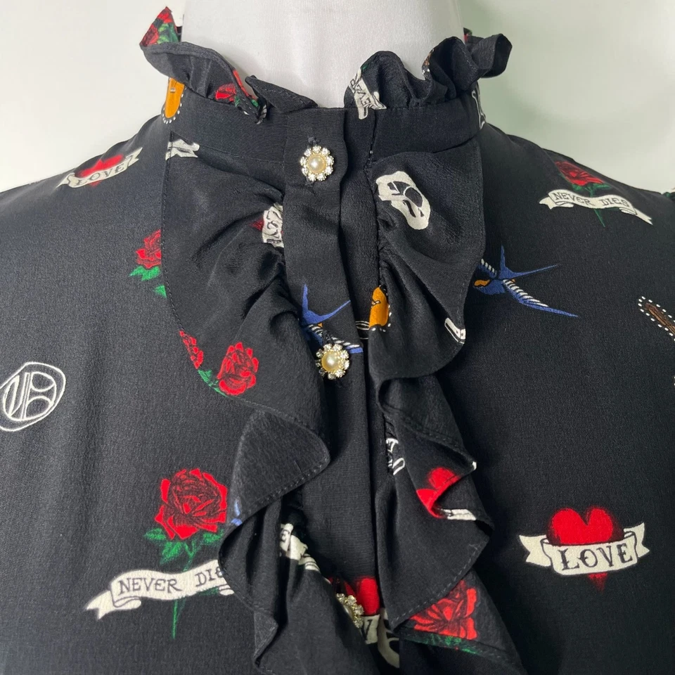 Sandro 女式黑色短袖纹身印花 Wendy 荷叶边迷你连衣裙 0 码 — 第 3/4 张图片