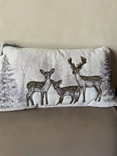 Christmas Embroidered Beaded Rectangle Throw Pillow, White/Gray/Silver Deer