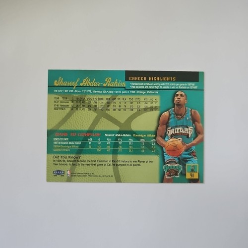 1999 Fleer Shareef Abdur-Rahim #91 Vancouver Grizzlies - Picture 2 of 2
