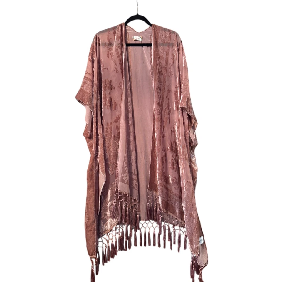 Kimono Wehello Terciopelo Burnout Boho Floral Borla Flecos Rosa Malva Talla Única Foto 2 de 4