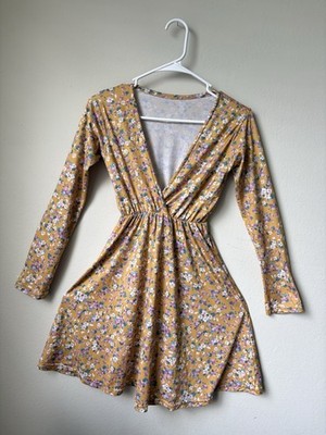 Beauti Industry SAS Yellow Floral Ruched V-Neck Long Sleeve Mini Dress S