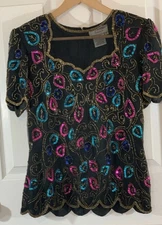 Papell Boutique Women’s Blouse/Top SzM Multicolored Sequins Beads(Some Missing)