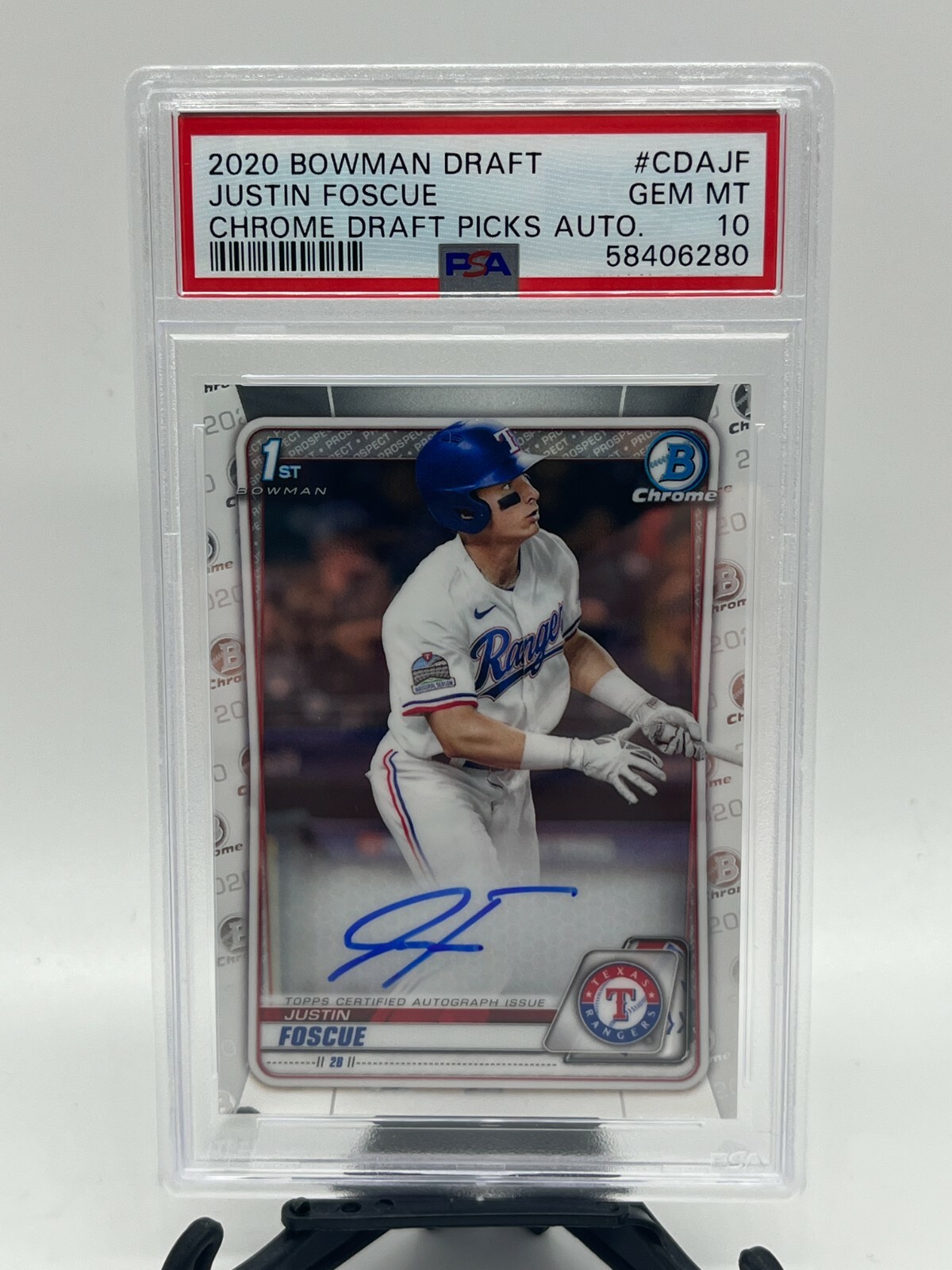 2020 Bowman Draft JUSTIN FOSCUE Texas Rangers 1st Chrome Auto PSA 10