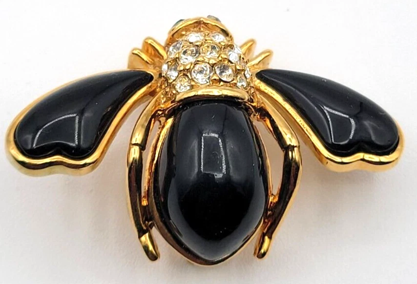 JOAN RIVERS BROCHE PRENDEDOR ABEJA ESTRÁS CRISTAL PAVÉ LUCITE NEGRO FIRMADO TONO DORADO Foto 2 de 4