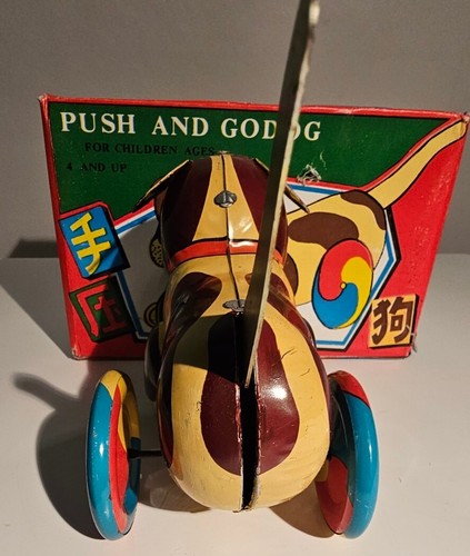 Vintage PUSH AND GO DOG WIND UP TIN With Box 1960's Dogs Puppy Tinplate Toy - Picture 9 of 21