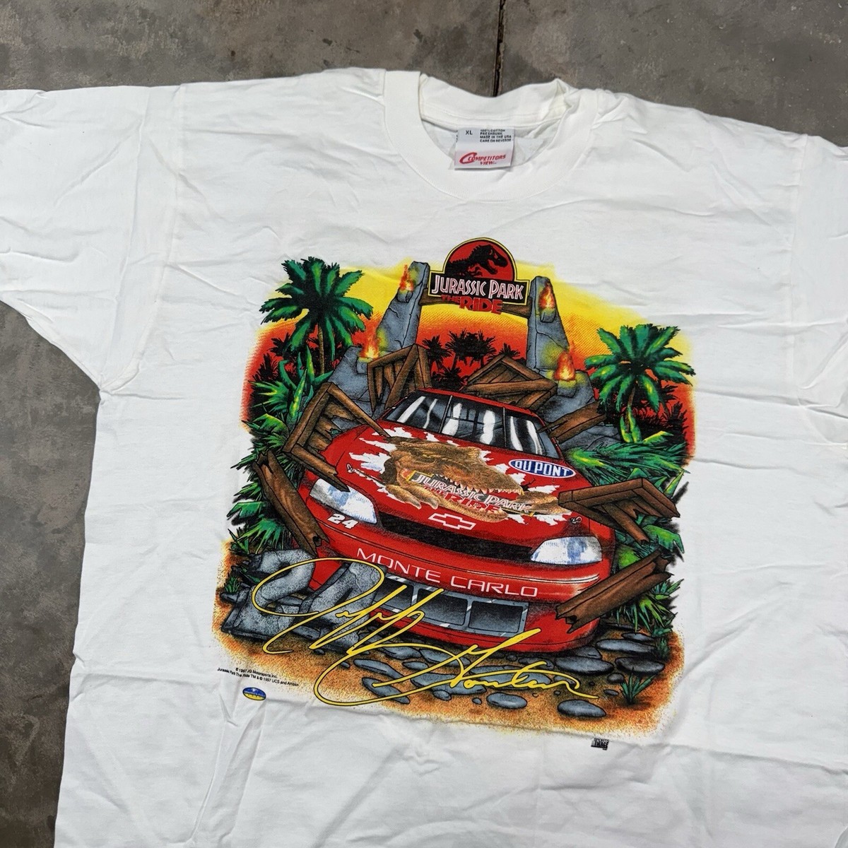 Vintage Jurassic Park NASCAR White Mens XL Shirt 90s New Jeff