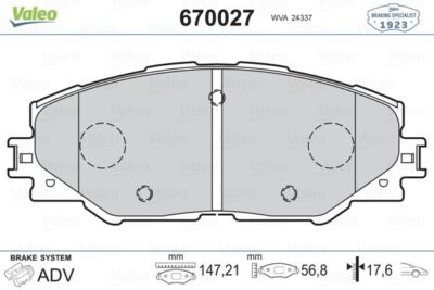 Valeo Front Brake Pads 670027 fits TOYOTA RAV 4 ACA33 2.4 4WD (ACA33 ...