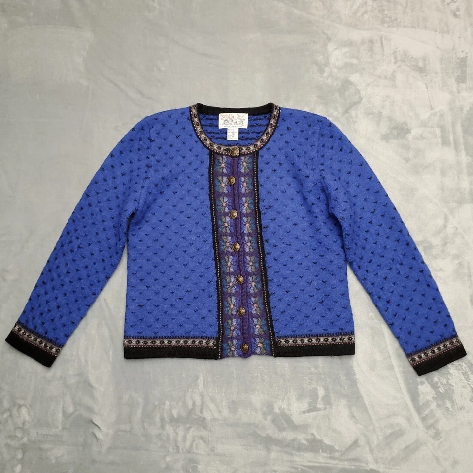 Cárdigan nórdico Faire Isle de lana azul mediano pequeño suéter Tally Ho de colección Foto 2 de 4