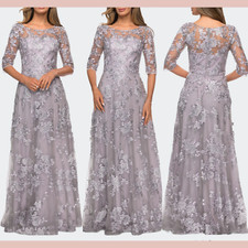 NEW 639 La Femme  8  Embroidered Quarter Sleeve Gown in Lavender Grey S1475