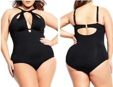 City Chic Cancun Sz M One Piece Swimsuit Underwire Plunge Cut-Out High Neck
