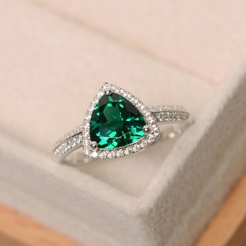 2.05 Ct Trillion Natural Emerald & Diamond Engagement Ring 14K White Gold Sz ALL - Picture 2 of 4