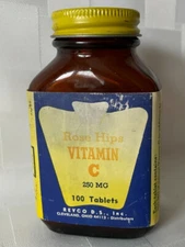 Vintage ROSE HIPS Vitamin C Tablet Dark Brown Glass Bottle w/ Metal Lid REVCO 