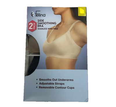 Felina 2 PACK Side Smoothing Bra, Seamless Wire-free, (BLK/NUDE, MEDIUM) NWT