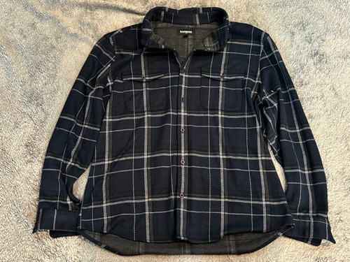 Express Flanell Herren L 16-16,5 geknöpftes Shirt langärmelig schwarz blau kariert